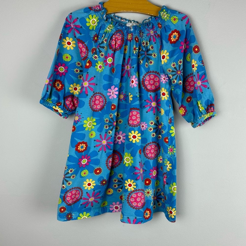 Hanna Andersson Floral Dress Blue Organic Cotton Boho Kids Size 110